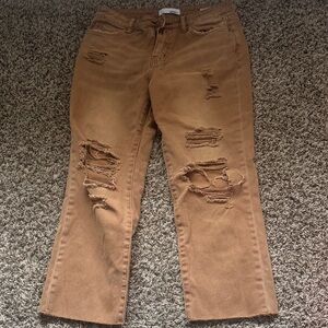 Ripped Straight Leg Tan Jeans for Women